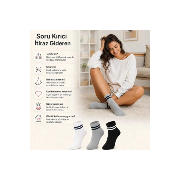 Unisex Çizgili Bilek Çorap 12li | %80 Pamuklu Dikişsiz Burun, Siyah Beyaz Gri Günlük Spor