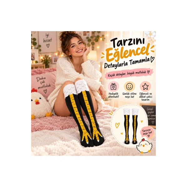 Kadın Diz Üstü Tavuk Ayağı Desenli Çorap Siyah Sarı Uzun Eğlenceli Kostüm Parti Günlük Çorabı Modeli