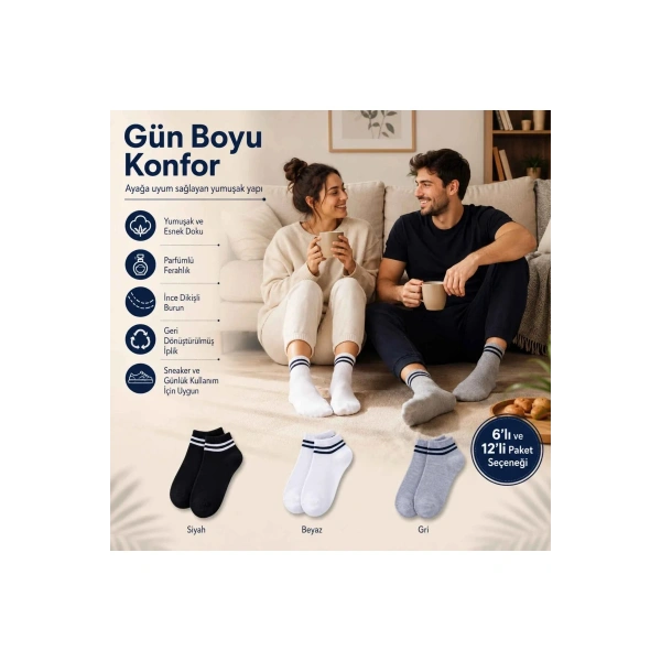 Unisex Çizgili Patik Çorap 12lı | %85 Pamuklu Geri Dönüşüm İplikli, İnce Dikişli Spor