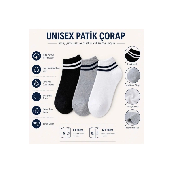 Unisex Çizgili Patik Çorap 12lı | %85 Pamuklu Geri Dönüşüm İplikli, İnce Dikişli Spor