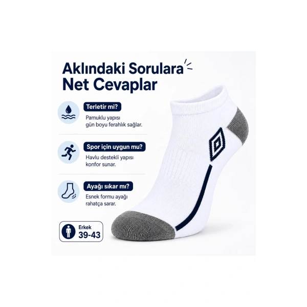 Erkek 3’lü Spor Patik Çorap 39-44 Pamuklu Havlu Destekli Bilek Boy Beyaz Gri