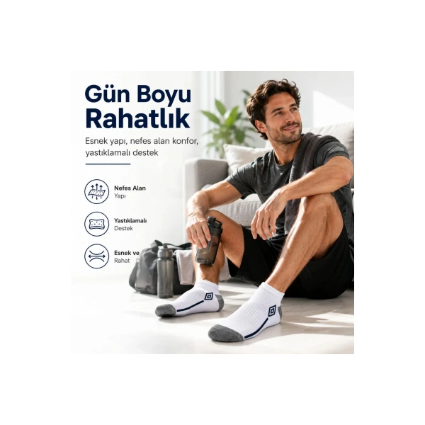 Erkek 3’lü Spor Patik Çorap 39-44 Pamuklu Havlu Destekli Bilek Boy Beyaz Gri