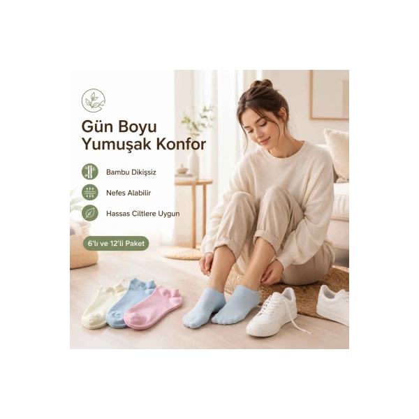 Kadın Bambu Dikişsiz Patik Çorap 6lı | Nefes Alan Nem Emici Yumuşak, Krem Mavi Pembe