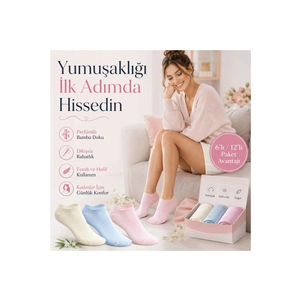 Kadın Bambu Dikişsiz Patik Çorap 6lı | Nefes Alan Nem Emici Yumuşak, Krem Mavi Pembe