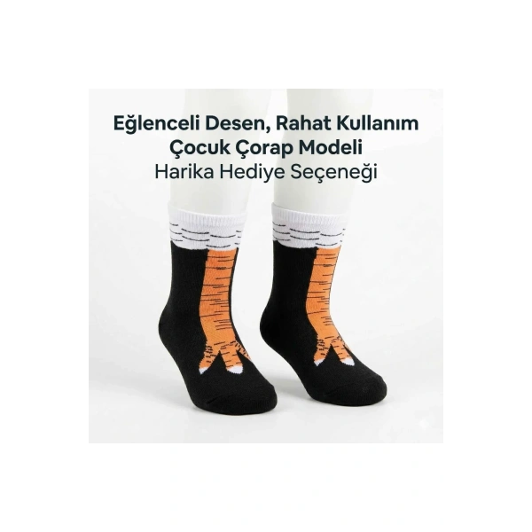 Tavuk Ayağı Desenli Çocuk Çorap Siyah Turuncu Eğlenceli Hayvan Figürlü Yumuşak Dokulu Günlük Çorap