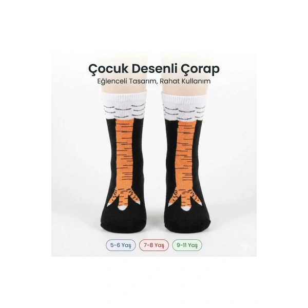 Tavuk Ayağı Desenli Çocuk Çorap Siyah Turuncu Eğlenceli Hayvan Figürlü Yumuşak Dokulu Günlük Çorap