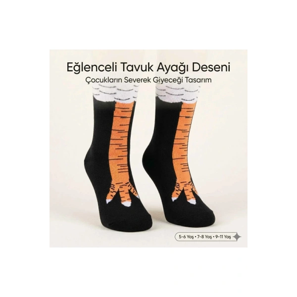 Tavuk Ayağı Desenli Çocuk Çorap Siyah Turuncu Eğlenceli Hayvan Figürlü Yumuşak Dokulu Günlük Çorap