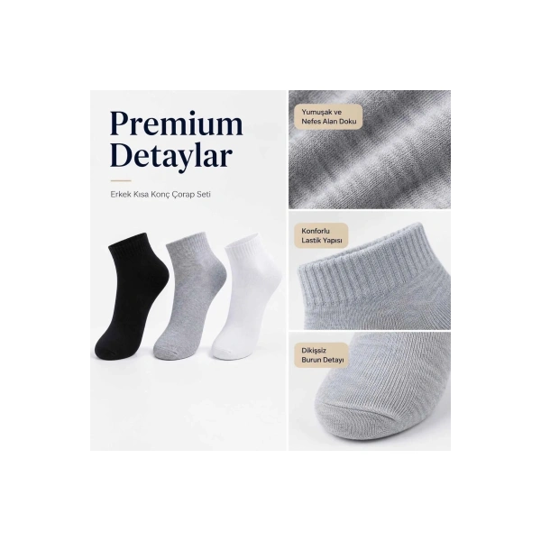 Erkek Kısa Konç Çorap 6lı | %80 Pamuklu Dikişsiz Burun, Nefes Alan, Siyah Gri Beyaz