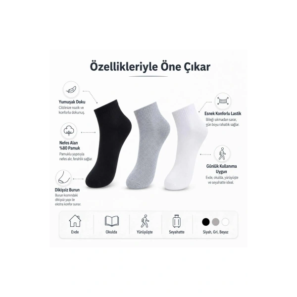 Erkek Kısa Konç Çorap 6lı | %80 Pamuklu Dikişsiz Burun, Nefes Alan, Siyah Gri Beyaz