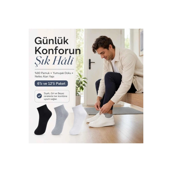 Erkek Kısa Konç Çorap 6lı | %80 Pamuklu Dikişsiz Burun, Nefes Alan, Siyah Gri Beyaz