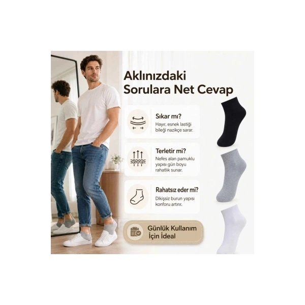 Erkek Kısa Konç Çorap 6lı | %80 Pamuklu Dikişsiz Burun, Nefes Alan, Siyah Gri Beyaz
