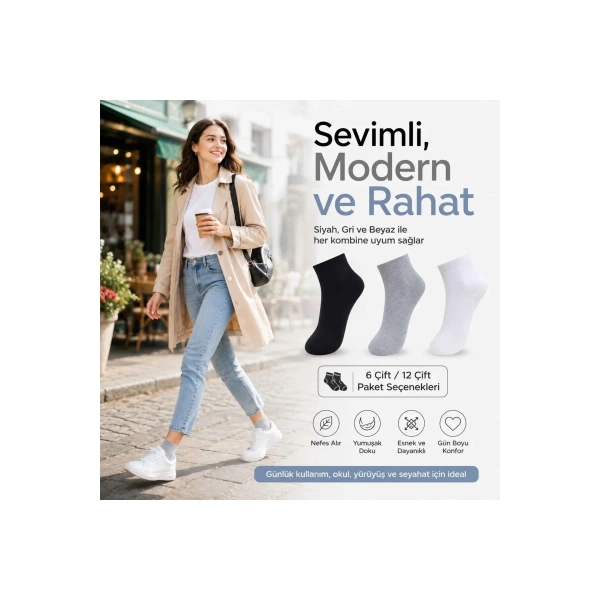 Kadın Kısa Konç Çorap 6lı | %80 Pamuklu Dikişsiz Burun, Nefes Alan, Siyah Gri Beyaz