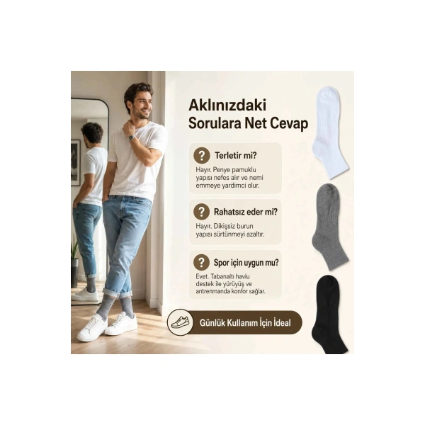 Erkek Spor Çorap 6lı | Penye Pamuklu Havlu Tabanlı Uzun Konç, Dikişsiz Burun, Siyah Gri Beyaz