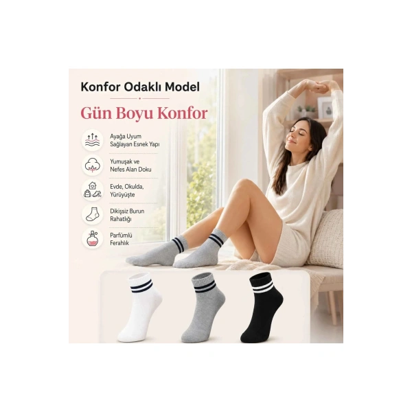 Unisex Çizgili Bilek Çorap 6lı | %80 Pamuklu Dikişsiz Burun, Siyah Beyaz Gri Günlük Spor