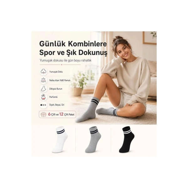 Unisex Çizgili Bilek Çorap 6lı | %80 Pamuklu Dikişsiz Burun, Siyah Beyaz Gri Günlük Spor