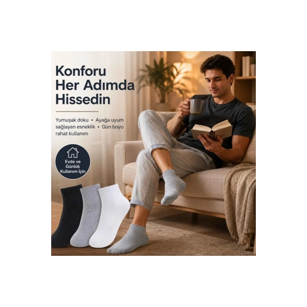 Erkek Kısa Konç Çorap 3lü | %80 Pamuklu Dikişsiz Burun, Nefes Alan, Siyah Gri Beyaz