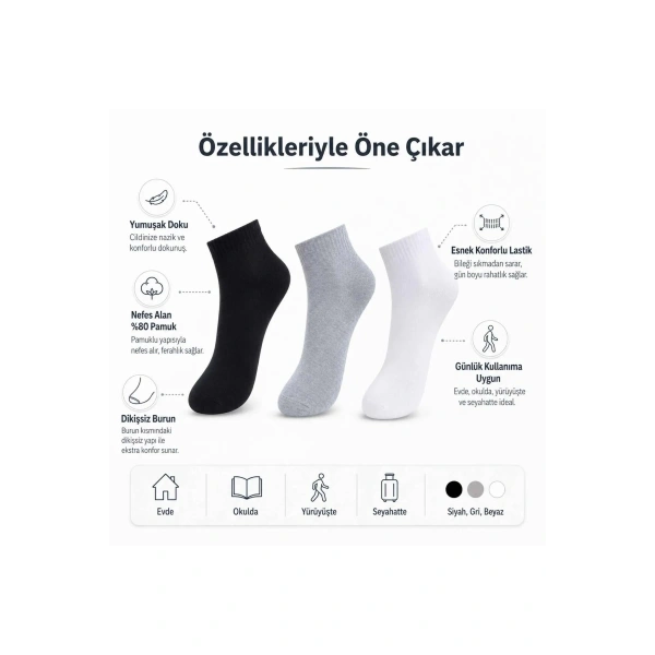 Erkek Kısa Konç Çorap 12li | %80 Pamuklu Dikişsiz Burun, Nefes Alan, Siyah Gri Beyaz