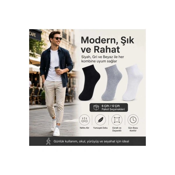 Erkek Kısa Konç Çorap 12li | %80 Pamuklu Dikişsiz Burun, Nefes Alan, Siyah Gri Beyaz
