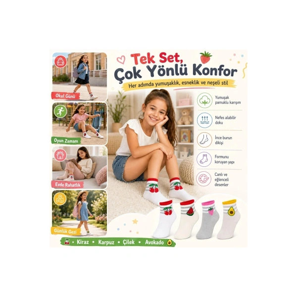 Kız Çocuk Pamuklu 8li Meyve Desenli Çorap Kiraz Karpuz Çilek Avokado Günlük Bilek Çorabı