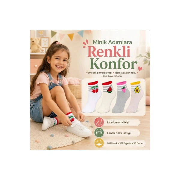 Kız Çocuk Pamuklu 8li Meyve Desenli Çorap Kiraz Karpuz Çilek Avokado Günlük Bilek Çorabı