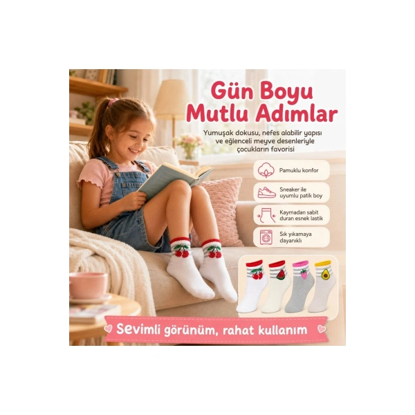 Kız Çocuk Pamuklu 8li Meyve Desenli Çorap Kiraz Karpuz Çilek Avokado Günlük Bilek Çorabı
