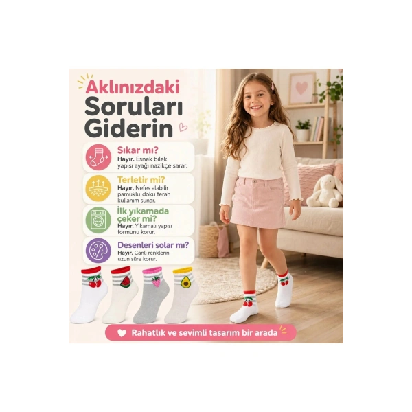 Kız Çocuk Pamuklu 8li Meyve Desenli Çorap Kiraz Karpuz Çilek Avokado Günlük Bilek Çorabı