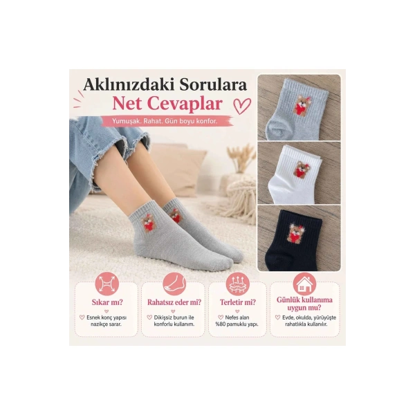Kadın Ayıcık Desenli Kısa Konç Çorap 12li | %80 Pamuklu Dikişsiz, Siyah Beyaz Gri