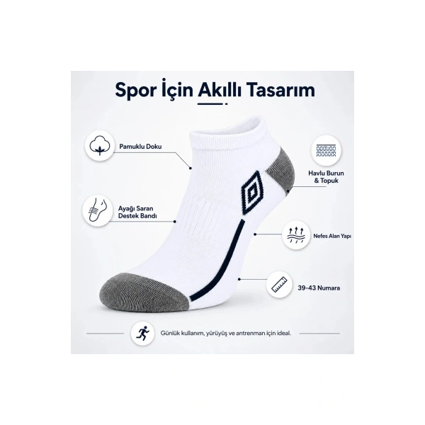 Erkek 6’lı Spor Patik Çorap 39-44 Pamuklu Havlu Destekli Bilek Boy Beyaz Gri