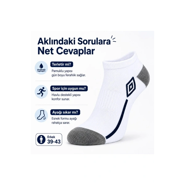 Erkek 6’lı Spor Patik Çorap 39-44 Pamuklu Havlu Destekli Bilek Boy Beyaz Gri