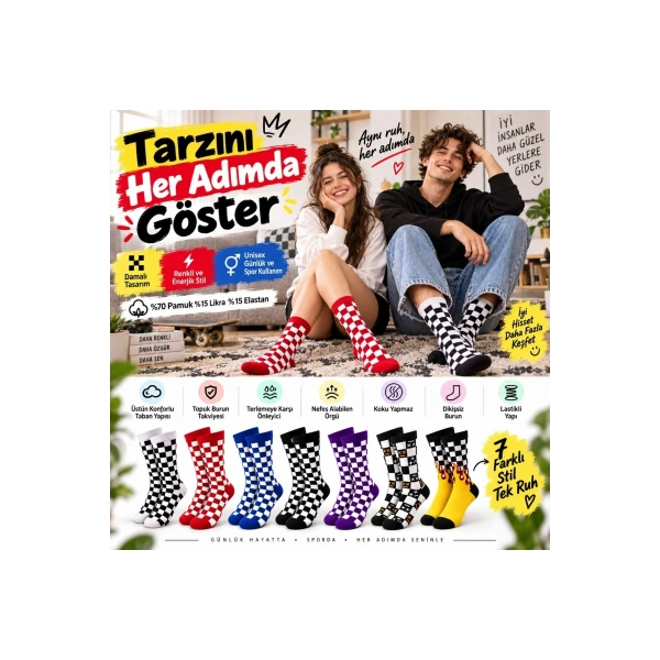UNİSEX Çorap Dama Desenli Renkli 14lü Set Kareli Alev Baskılı Uzun Soket Günlük Spor Çorabı