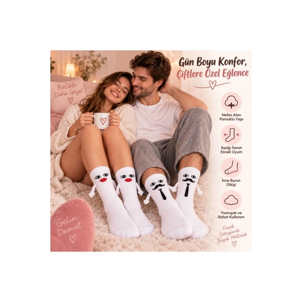 Mıknatıslı Gelin Damat Çorabı 2 Çift El Ele Tutuşan Düğün Çeyiz Bohça Eğlenceli Set