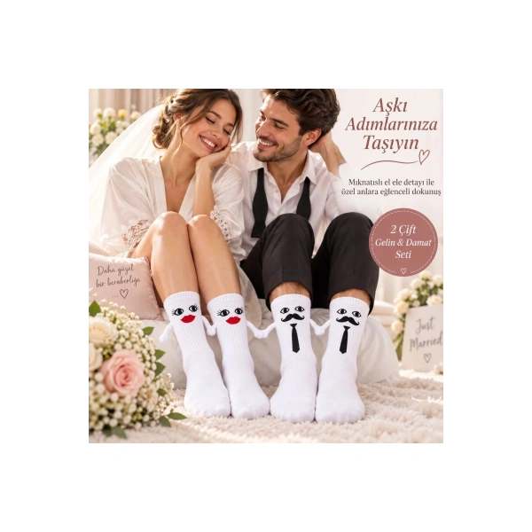 Mıknatıslı Gelin Damat Çorabı 2 Çift El Ele Tutuşan Düğün Çeyiz Bohça Eğlenceli Set