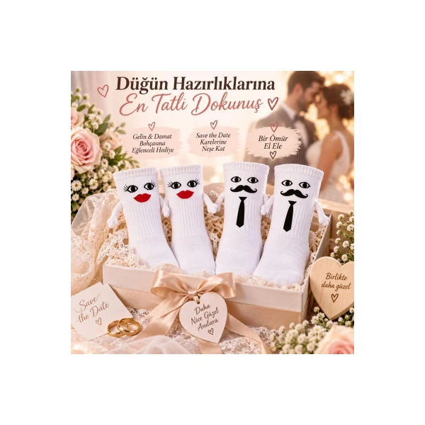 Mıknatıslı Gelin Damat Çorabı 2 Çift El Ele Tutuşan Düğün Çeyiz Bohça Eğlenceli Set
