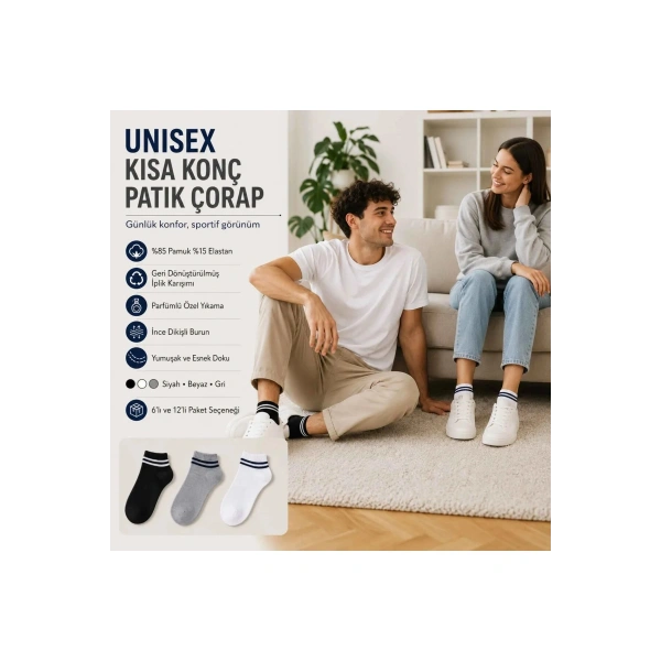 Unisex Çizgili Patik Çorap 6lı | %85 Pamuklu Geri Dönüşüm İplikli, İnce Dikişli Spor