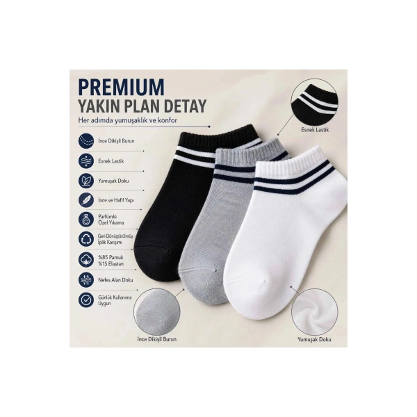 Unisex Çizgili Patik Çorap 6lı | %85 Pamuklu Geri Dönüşüm İplikli, İnce Dikişli Spor