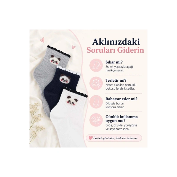 Kadın Panda Desenli Kısa Konç Çorap 12li | %80 Pamuklu Dikişsiz, Siyah Beyaz Gri