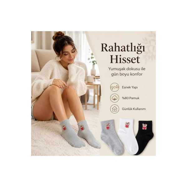Kadın Ayıcık Desenli Kısa Konç Çorap 3lü | %80 Pamuklu Dikişsiz, Siyah Beyaz Gri