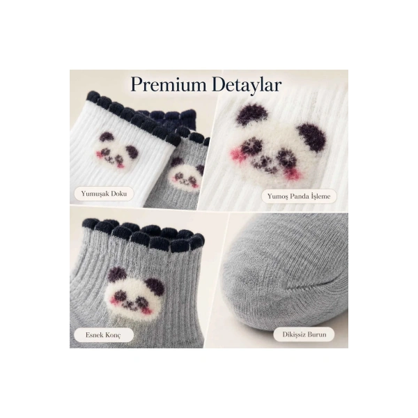 Kadın Panda Desenli Kısa Konç Çorap 3lü | %80 Pamuklu Dikişsiz, Siyah Beyaz Gri