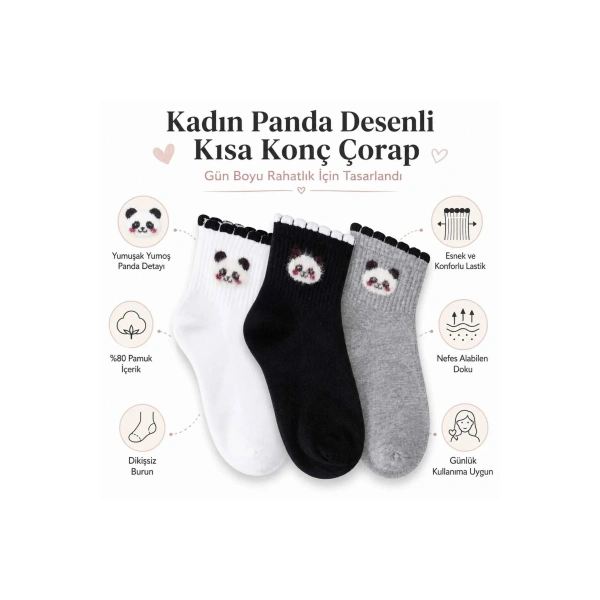 Kadın Panda Desenli Kısa Konç Çorap 3lü | %80 Pamuklu Dikişsiz, Siyah Beyaz Gri