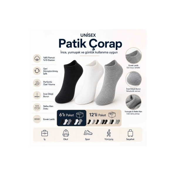 Unisex Patik Çorap 6lı | %85 Pamuklu Geri Dönüşüm İplikli, İnce Dikişli Günlük Spor