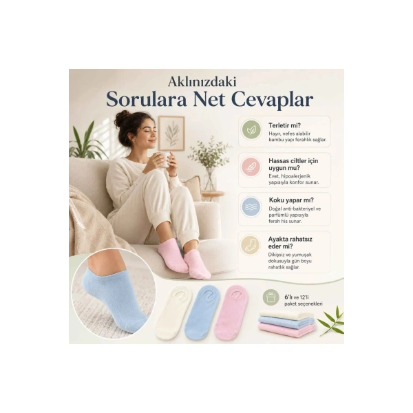 Kadın Bambu Dikişsiz Patik Çorap 3lü | Nefes Alan Nem Emici Yumuşak, Krem Mavi Pembe