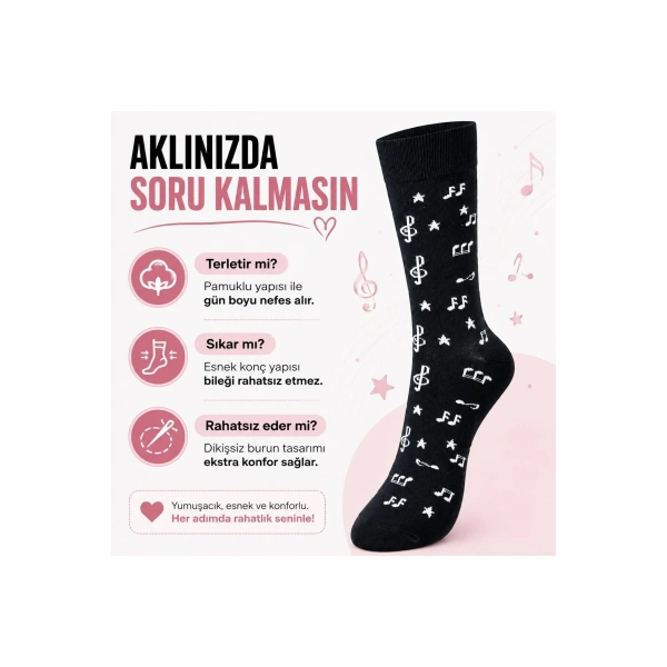 Kadın Müzik Notalı Soket Çorap 36-40 | Pamuklu Dikişsiz Burun Siyah Beyaz Uzun Konç