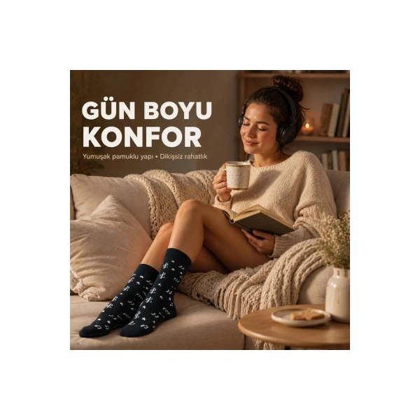 Kadın Müzik Notalı Soket Çorap 36-40 | Pamuklu Dikişsiz Burun Siyah Beyaz Uzun Konç