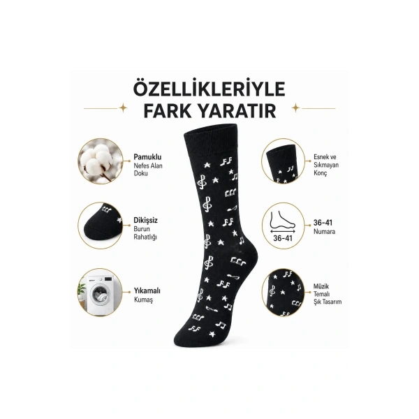 Kadın Müzik Notalı Soket Çorap 36-40 | Pamuklu Dikişsiz Burun Siyah Beyaz Uzun Konç