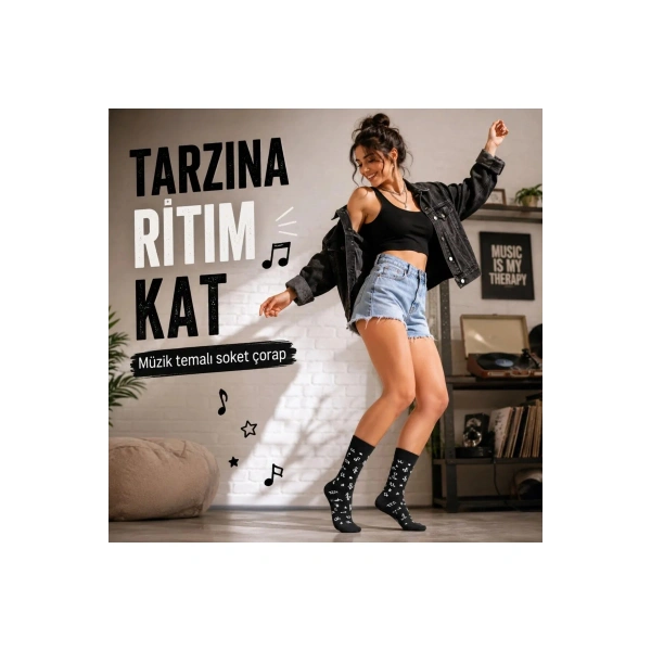 Kadın Müzik Notalı Soket Çorap 36-40 | Pamuklu Dikişsiz Burun Siyah Beyaz Uzun Konç