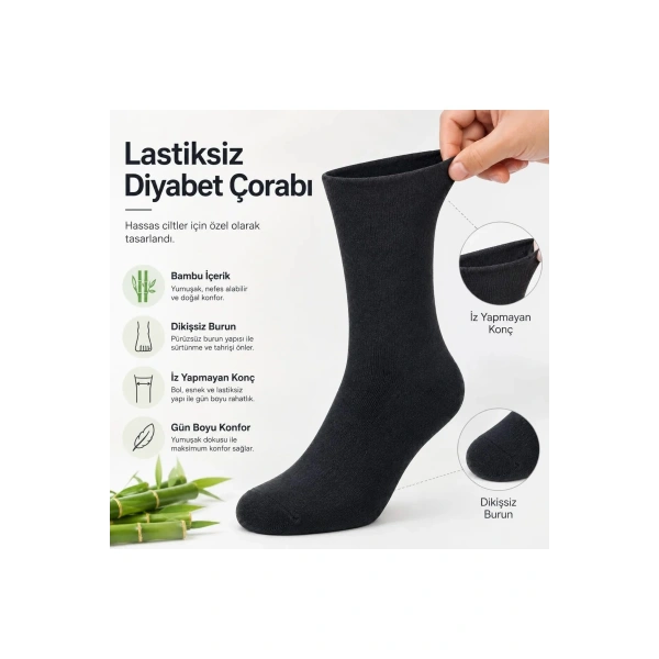 Bambu Çorabı Lastiksiz Dikişsiz Burun Siyah Uzun Konç Hassas Ayaklar İçin