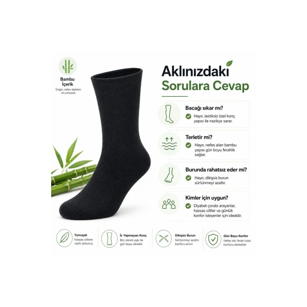Bambu Çorabı Lastiksiz Dikişsiz Burun Siyah Uzun Konç Hassas Ayaklar İçin