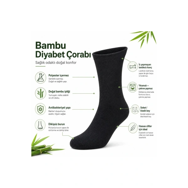 Bambu Çorabı Lastiksiz Dikişsiz Burun Siyah Uzun Konç Hassas Ayaklar İçin