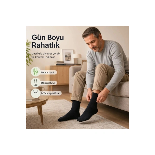 Bambu Çorabı Lastiksiz Dikişsiz Burun Siyah Uzun Konç Hassas Ayaklar İçin