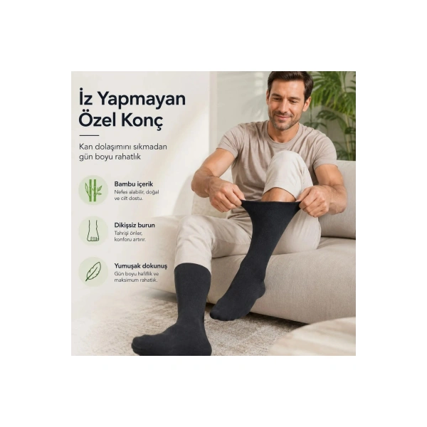 Bambu Çorabı Lastiksiz Dikişsiz Burun Siyah Uzun Konç Hassas Ayaklar İçin